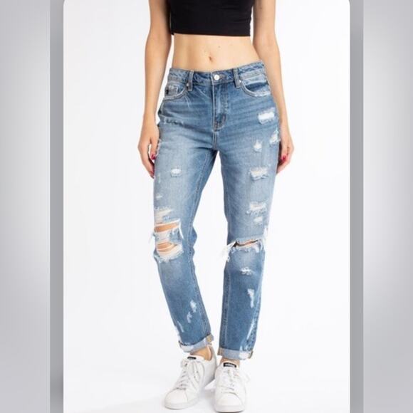 Kancan Ripped Distressed Straight Leg Relaxed Boyfriend Jeans Size 28 - Picture 1 of 8
